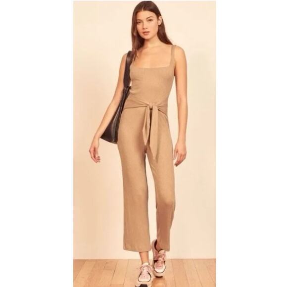 Reformation Kazu Jumpsuit Small Brown Tan Wide Leg Ribbed Knit One Piece Neutral - Picture 4 of 16